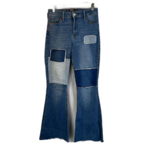 Hollister Patchy Patchwork Flare Leg Denim Jeans Raw Hem High Rise JRS SZ 5R-27